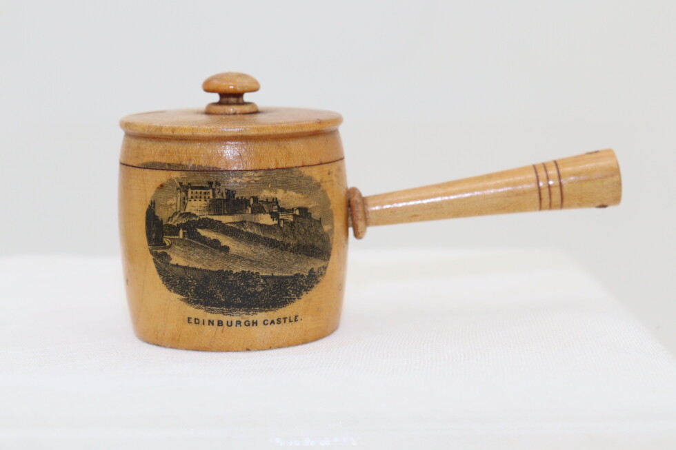 Mauchlineware thimble holder in the shape of a saucepan