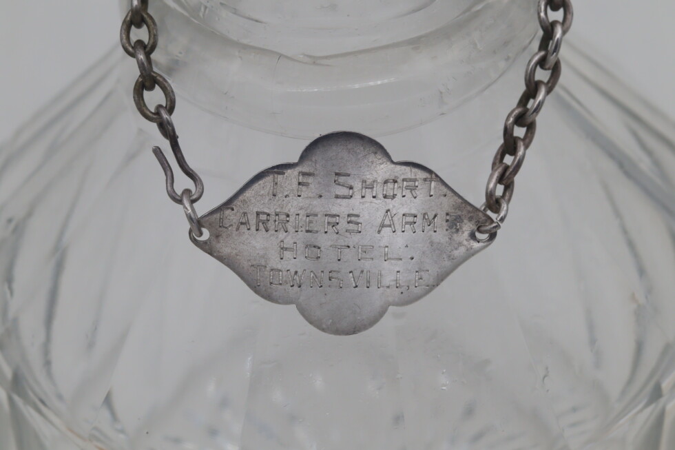 Sterling silver decanter label from the Carriers Arms Hotel in Townsville