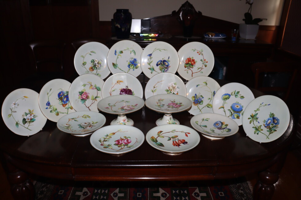 Eighteen piece hand painted porcelain dessert service by William Brownfield