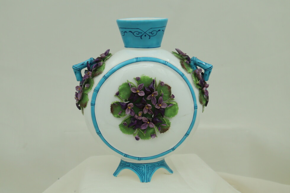 Porcelain flask vase with applied violets
